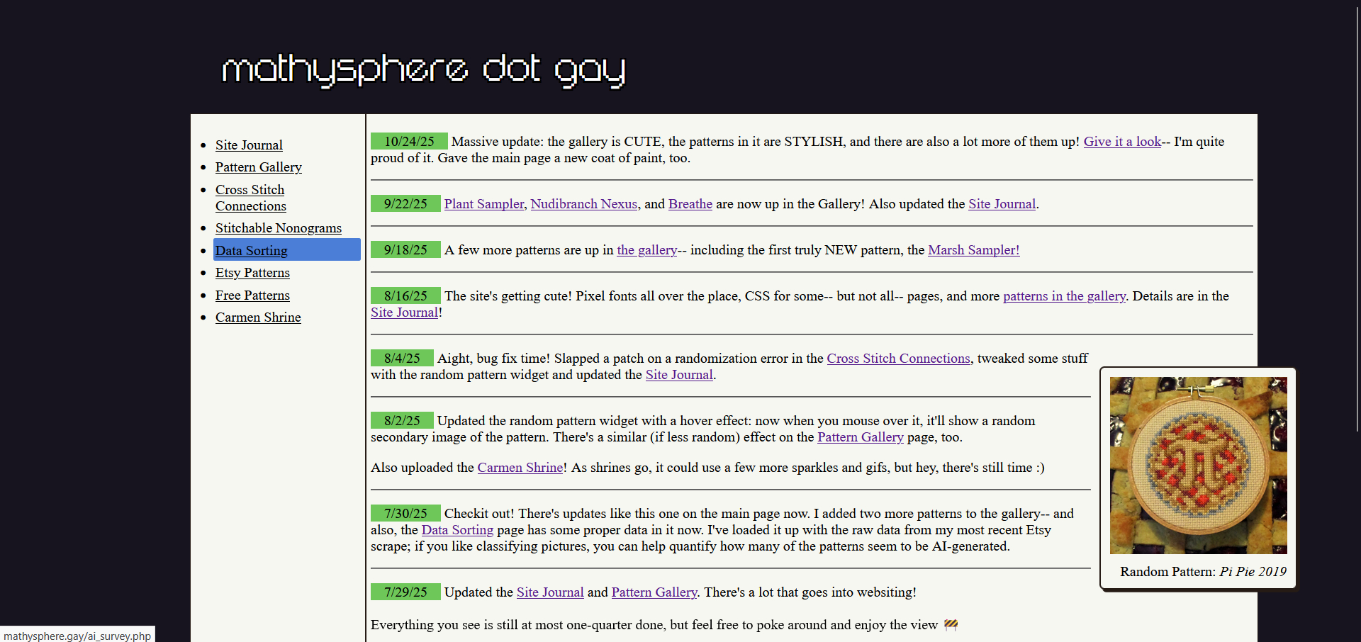 the simple main page of the site with a dark navy backdrop and an off-white text area.